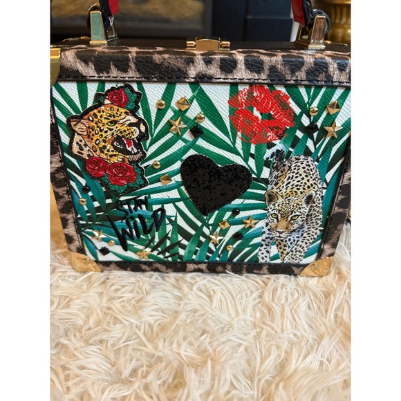 HOT ALDO‎ Wild Jungle Print Box Bag Leopard Lips Heart Crossbody Chain Handbag - Picture 7 of 10